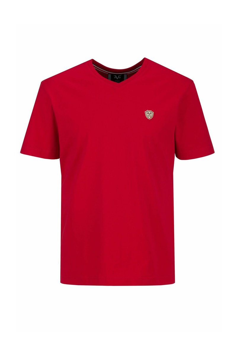 Rotes T-Shirt mit kurzen Ärmeln und V-Ausschnitt. Verfügt über ein kleines Emblem auf der linken Brust. Hergestellt aus glattem Baumwollmaterial.