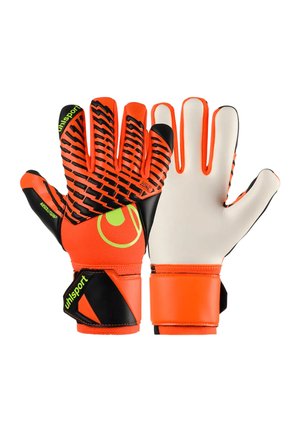 Paar orangefarbener, schwarzer und weißer Torwarthandschuhe mit strukturierter Griffoberfläche, Handgelenksriemen und grünem "uhlsport"-Logo auf weißem Hintergrund.