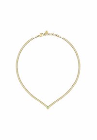 Collana in metallo color oro con catena flessibile e testurizzata, con un accento centrale di pietra verde menta a forma quadrata. Lunghezza regolabile.