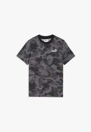 Short-sleeve Puma T-shirt with black and gray camouflage pattern and ribbed black collar, Puma logo on left chest.