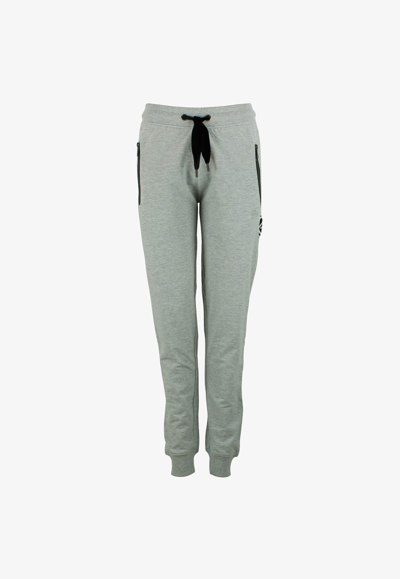 Grijze joggingbroek van zachte stof, met een elastische tailleband met trekkoord, twee zijzakken met rits en geribbelde boorden bij de enkels.