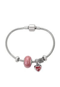 Bracciale con charm in argento, dotato di una perlina in vetro rosa, un charm a forma di cuore con un accento rosso e un separatore decorativo, caratterizzato da un motivo testurizzato.
