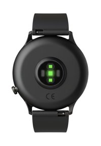 Zwarte smartwatch met een rond kastje, siliconen bandje, groene indicatorlampjes en een zijbutton. CE-markering zichtbaar aan de onderkant.