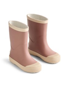 Pereche de cizme din cauciuc mat de culoare mauve, până la jumătatea gambei, cu tălpi texturate bej, vârfuri și margini bej, așezate în picioare pe un fundal alb.