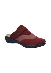 Red felt slip-on shoe with a patterned design, featuring a wide strap across the upper and a sturdy black rubber sole.