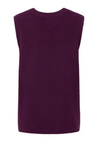 Lila gestrickter ärmelloser Pullover mit gerippter Textur und Rundhalsausschnitt, mit lockerer Passform und ohne sichtbare Verschlüsse oder Muster.
