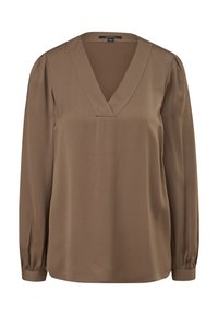 Blouse marron à manches longues avec un décolleté en V profond, réalisée dans un tissu lisse. Elle présente des manches froncées et une coupe décontractée.