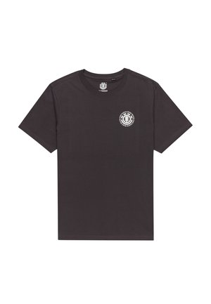 T-shirt in cotone grigio scuro con scollatura a girocollo e maniche corte. Presenta un logo circolare stampato in bianco sul petto.