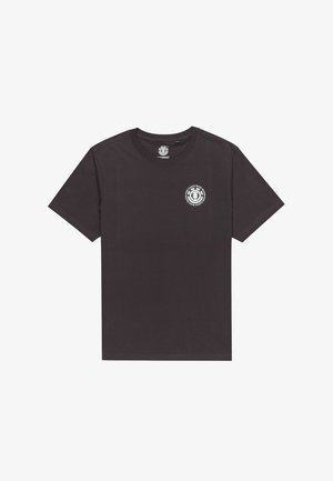 Czarny bawełniany t-shirt w ciemnoszarym kolorze z okrągłym dekoltem i krótkimi rękawami. Na piersi znajduje się okrągłe logo wydrukowane na biało.