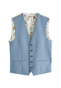 Vest albastru deschis cu cinci butoane frontale, hem ascuțit și buzunare cu clapetă. Captusit cu o țesătură cu model floral.
