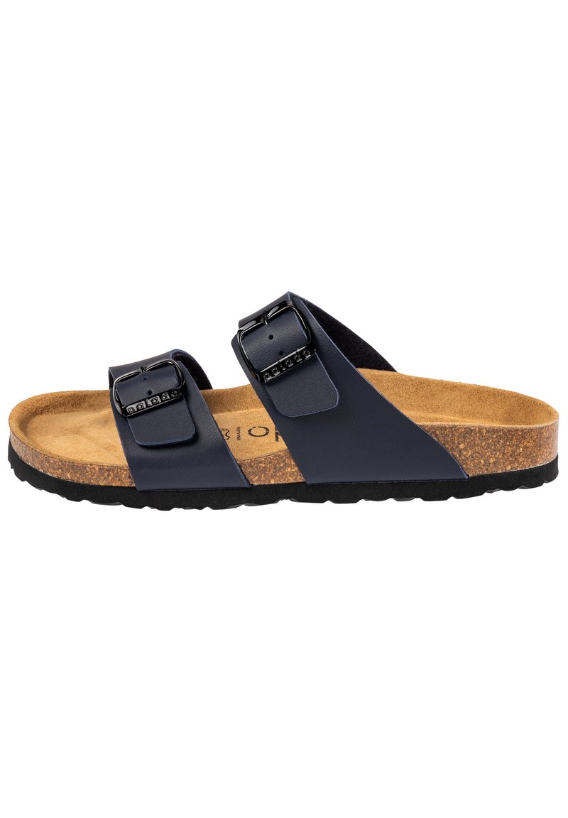 Infradito blu navy con due cinturini regolabili, hardware a fibbia, suola in sughero e suola esterna in gomma nera testurizzata. Adatti per un abbigliamento casual.