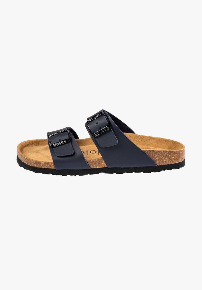 Infradito blu navy con due cinturini regolabili, hardware a fibbia, suola in sughero e suola esterna in gomma nera testurizzata. Adatti per un abbigliamento casual.