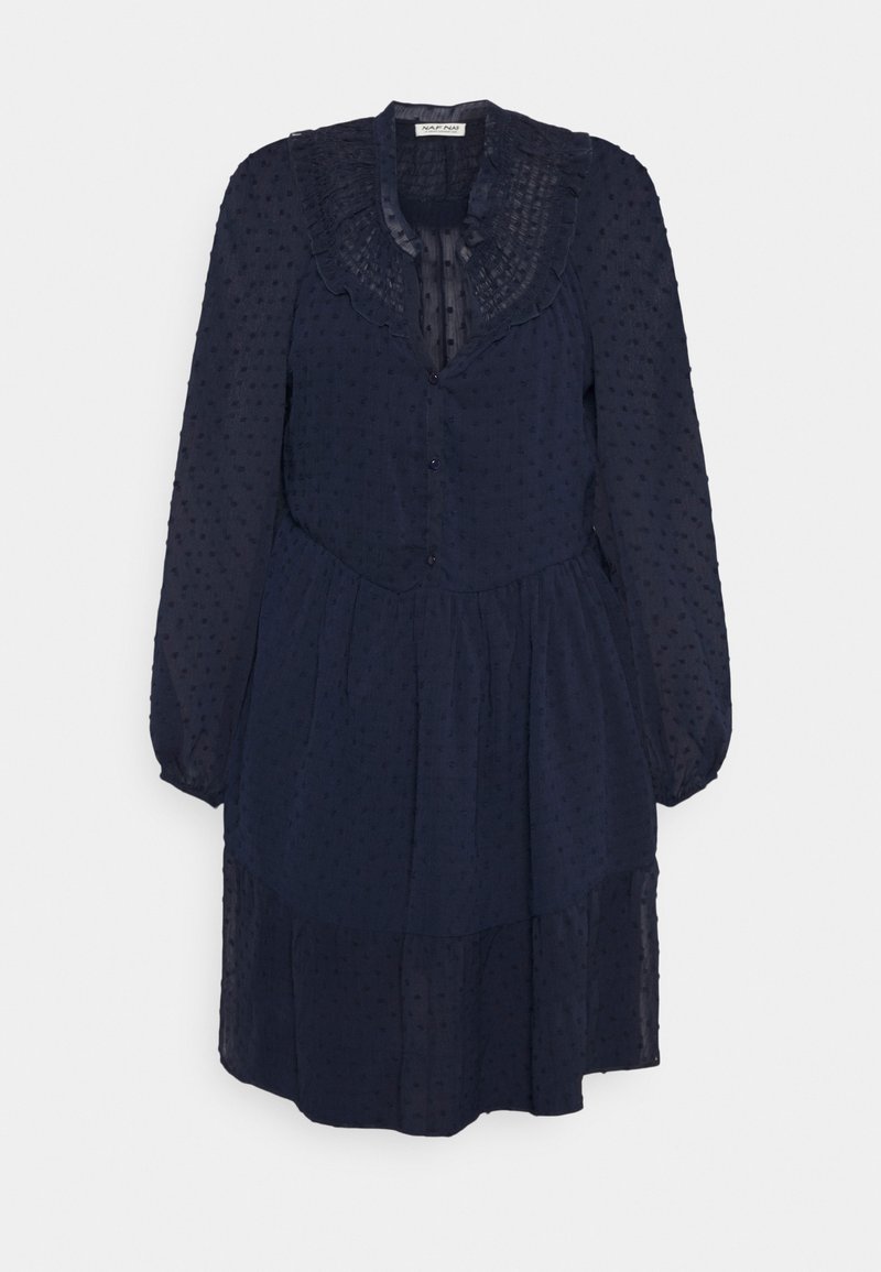 Vestido azul-marinho com mangas longas, gola ruflada, frente de botões, saia em camadas e pontos texturizados em todo o tecido. Material semi-translúcido.