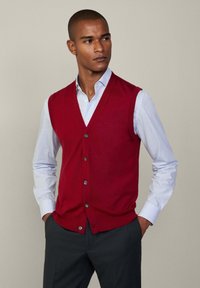 Gilet rosso a maglia con scollo a V, chiusura con bottoni e senza maniche, indossato sopra una camicia a righe azzurro chiaro con colletto. Pantaloni grigi.