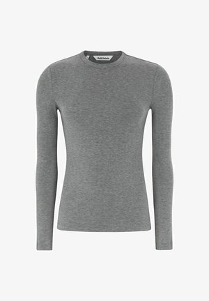 Szürke, hosszú ujjú ing puha anyagból, kerek nyakkivágással és testhez álló fazonnal. Látható minta vagy díszítőelem nélkül.