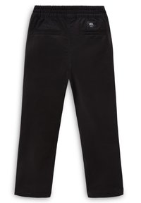 Svarta byxor med resårmidja, rak bendesign och två bakfickor. Har en märkesetikett på bakre midjan.