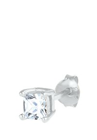 Steckerohrring aus Sterlingsilber mit einem klaren, quadratisch geschnittenen Zirkonia in Vierkantfassung und sichtbarem "925"-Stempel.