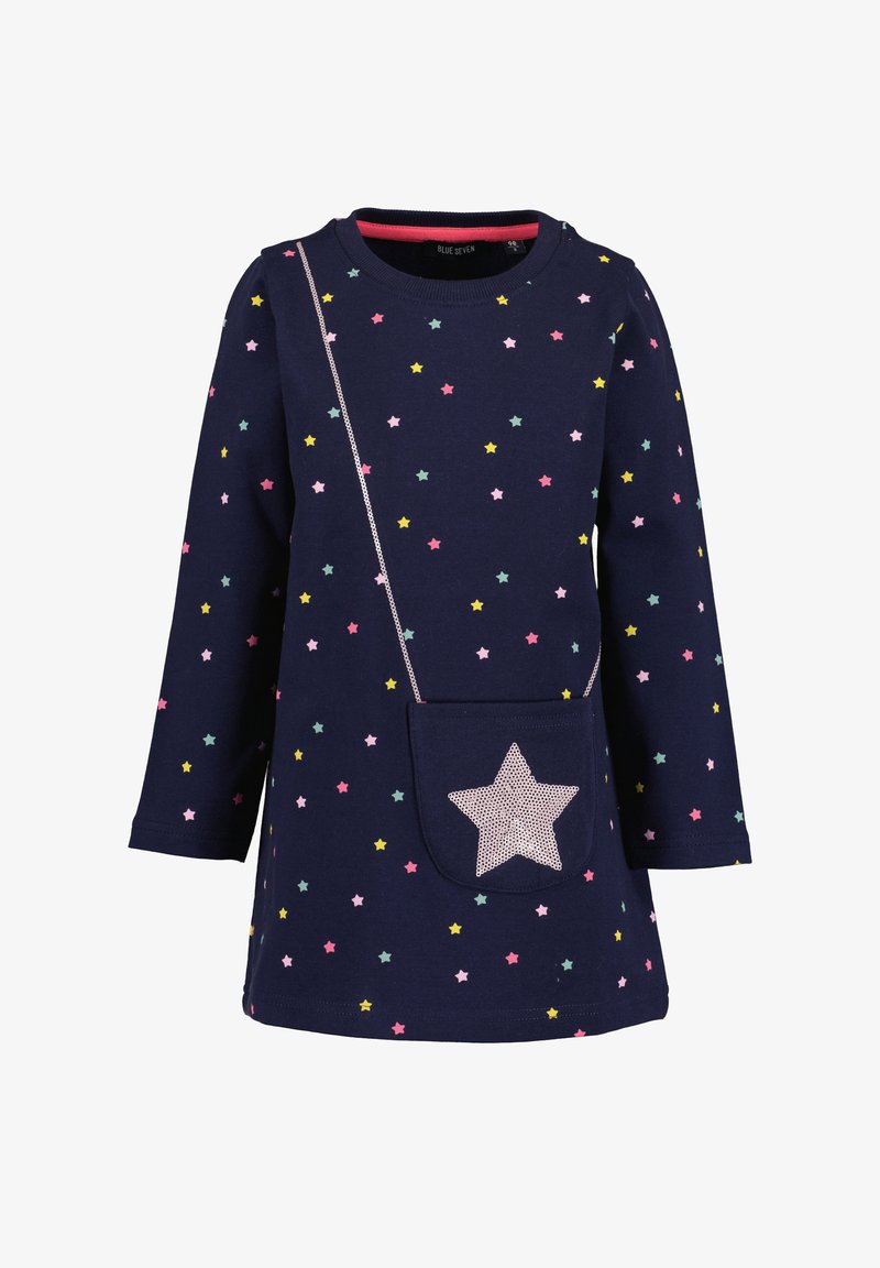 Abito blu navy con maniche lunghe, caratterizzato da un motivo di stelle colorate. Include una piccola tasca frontale a forma di stella con un design testurizzato.