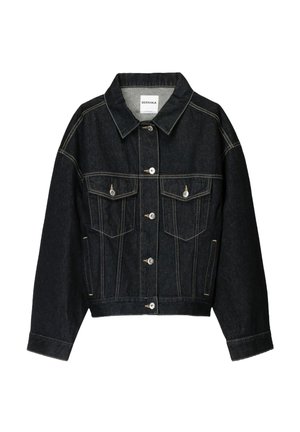 Mørkeblå denim cropped jakke med lange ærmer, to brystlommer, sølv hardware og gyldne stikninger. Har en spids krave.