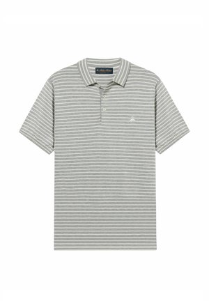 Szara i biała koszulka polo z krótkim rękawem, poziome paski, kołnierzyk, dwa guziki oraz małe haftowane logo na piersi.