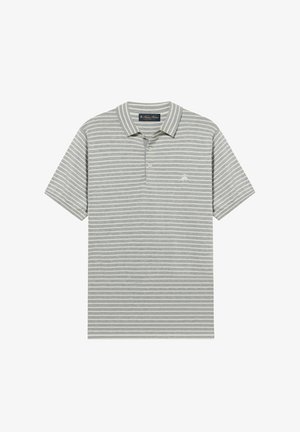 Polo a righe orizzontali grigie e bianche, a maniche corte, con colletto, due bottoni e piccolo logo ricamato sul petto.