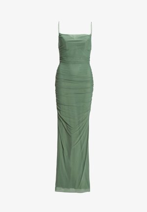 Satin grünes Maxikleid mit dünnen Spaghetti-Trägern, figurbetontem Oberteil und gerafften Details an den Seiten für eine körpernahe Silhouette.
