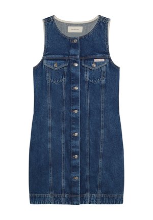 Μπλε τζιν φόρεμα χωρίς μανίκια με κούμπωμα με κουμπιά μπροστά, δύο τσέπες με καπάκι στο στήθος και ετικέτα με το λογότυπο της Calvin Klein στην τσέπη.