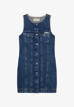 Μπλε τζιν φόρεμα χωρίς μανίκια με κούμπωμα με κουμπιά μπροστά, δύο τσέπες με καπάκι στο στήθος και ετικέτα με το λογότυπο της Calvin Klein στην τσέπη.
