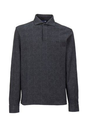 Polo a maniche lunghe di colore grigio scuro con un motivo a quadretti. Tessuto morbido, colletto e dettaglio della parte anteriore senza bottoni.