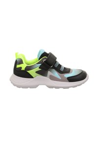 Black, grey, and blue athletic shoe with a neon green accent, mesh upper, adjustable strap, and textured sole for added grip.