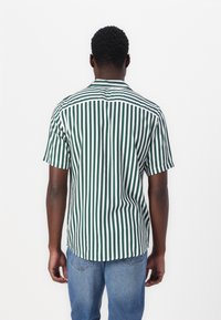 Camicia a maniche corte a righe verde e bianche con colletto button-down. Presenta righe verticali e un orlo inferiore curvo.