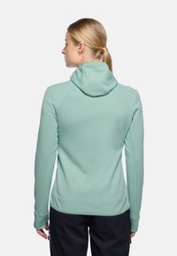 Felpa con cappuccio verde menta, maniche lunghe, cuciture raglan e silhouette aderente. Texture liscia, senza motivi visibili né accessori metalliche.