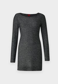 Black knit sweater dress with long sleeves, round neckline, and a subtle shimmering texture. Features ribbed hem and cuffs.
