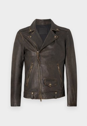 Brown leather motorcycle jacket with a notched collar, asymmetrical front zipper, zippered pockets, and metal hardware accents.