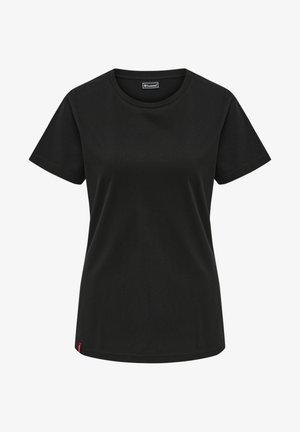 Schwarzes Baumwoll-T-Shirt mit klassischem Rundhalsausschnitt, kurzen Ärmeln und einem kleinen roten Logo-Akzent am Saum. Glatte Textur, reguläre Passform.