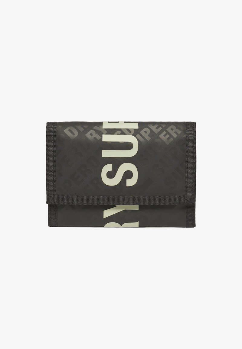 Black wallet with a matte finish, featuring large cream lettering. Foldable design with a secure closure and textured fabric accents.