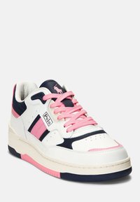 White sneaker featuring navy accents, pink stripes, and a textured design. It has a rubber sole and a lace-up front. Polo logo on the side.