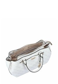 Sac à main blanc avec un motif texturé, des bordures noires et des poignées doubles. Comprend un compartiment zippé et un intérieur clair avec des détails de logo.