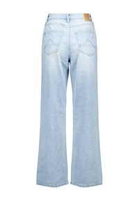 Light blue wide-leg jeans with a high waist, featuring two back pockets and a textured fabric. Minimalist design and casual style.