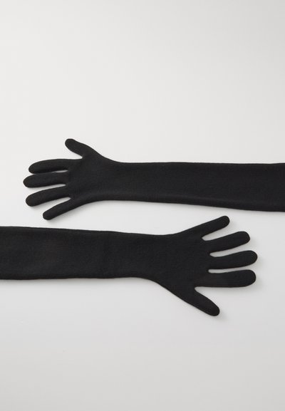 Mănuși negre lungi dintr-un material moale, cu design ajustat și deschideri pentru toate cele cinci degete, textură netedă și detalii de coasere minimaliste.