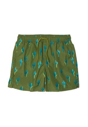 Short de bain vert olive avec imprimé cactus bleu et jaune, taille élastique et cordon vert assorti à l'avant au centre.