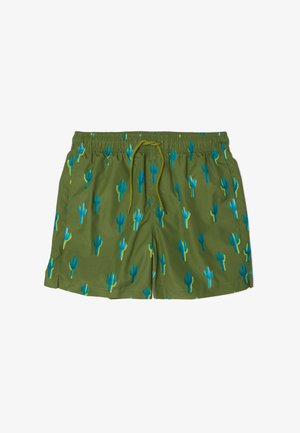Short de bain vert olive avec imprimé cactus bleu et jaune, taille élastique et cordon vert assorti à l'avant au centre.