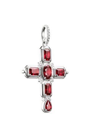 Silver cross pendant with five red gemstones in various cuts, including oval, rectangular, and teardrop shapes, set in detailed metalwork.
