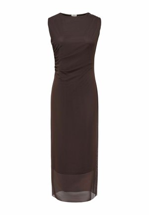 Robe ajustée marron foncé, sans manches et longue jusqu’au sol, avec une encolure ronde, des coutures latérales froncées et un ourlet en résille transparente.