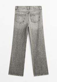 Gray denim wide-leg jeans with a mid-rise waist, five-pocket design, and faded texture. Features stitched detailing along pockets and hem.