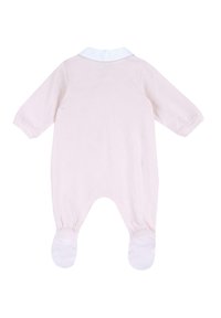 Completino rosa chiaro con maniche lunghe, colletto bianco, caviglie elasticizzate e design con i piedi. Materiale morbido con texture minima. Semplice e classico.