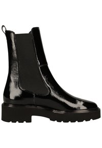 Botte Chelsea en cuir noir brillant avec panneau élastique sur le côté, languette de traction au talon et semelle épaisse à crampons.