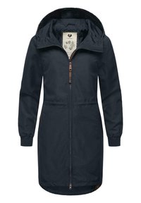 Marinblå lättviktsjacka med zip-förslutning, huva, elastiska manschetter och justerbar midja. Har bruna accenter och ett blommigt innerfoder.