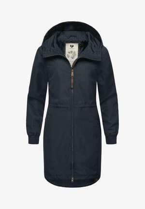 Marineblaue leichte Jacke mit Reißverschluss, Kapuze, elastischen Bündchen und verstellbarem Taillenzug. Verfügt über braune Akzente und ein florales Innenfutter.
