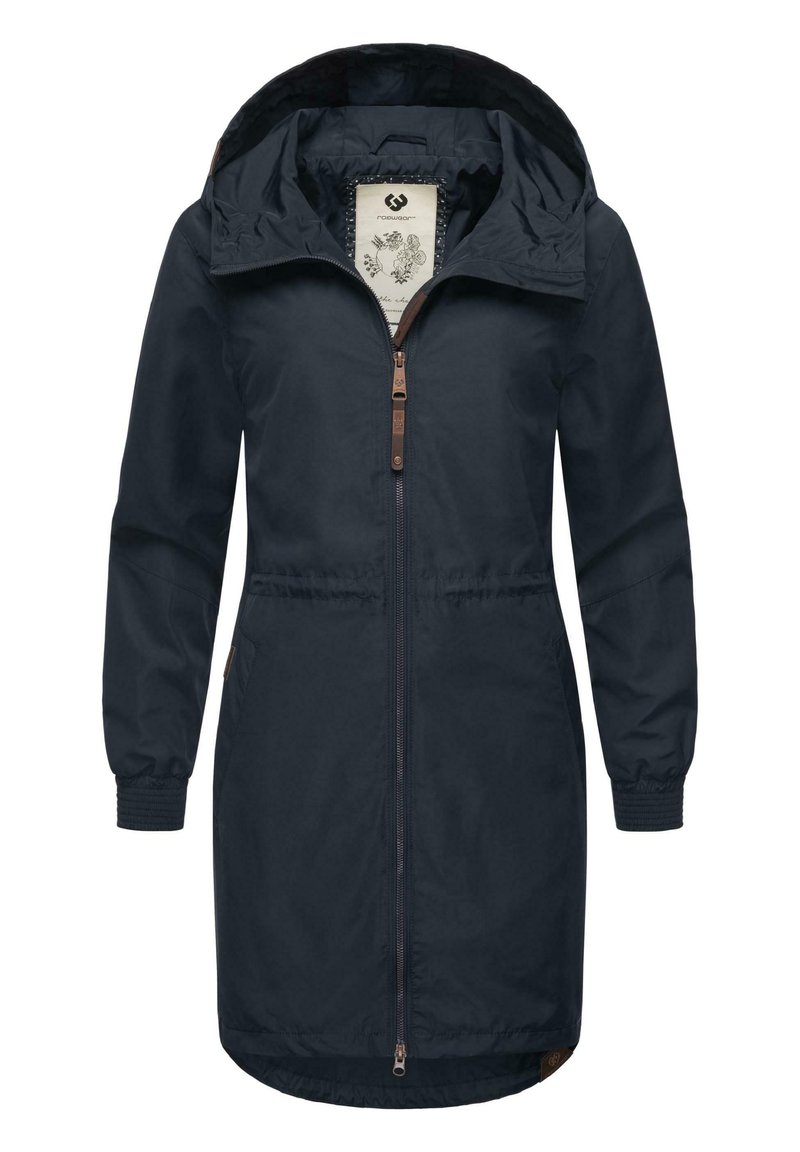 Marinblå lättviktsjacka med zip-förslutning, huva, elastiska manschetter och justerbar midja. Har bruna accenter och ett blommigt innerfoder.